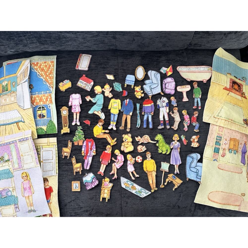 Flannel Graph Felt Large Lot Of People, Things, And 6 Scenes. Precut Dollhouse